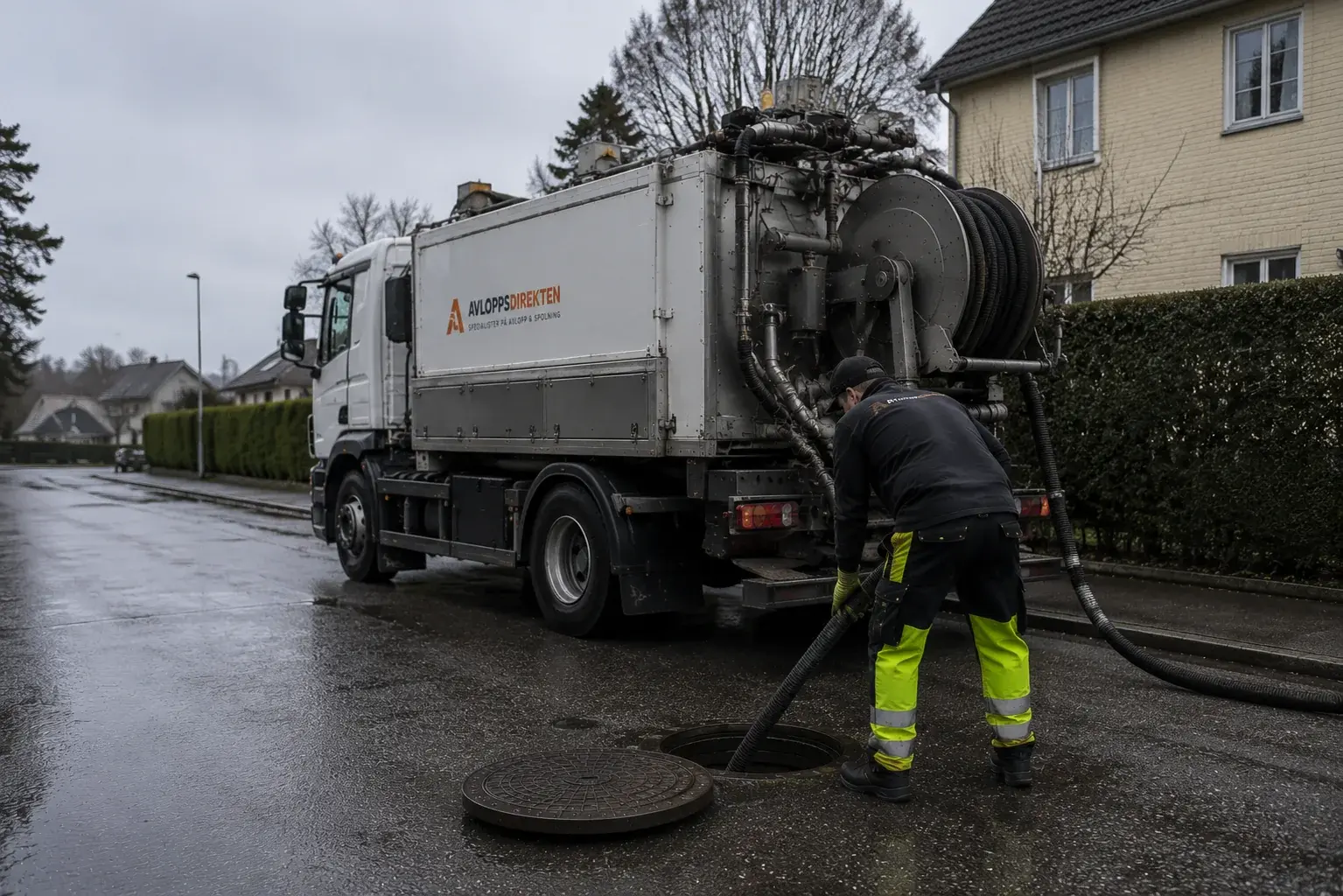 Avloppsdirektens spolbil under arbete vid en fastighet